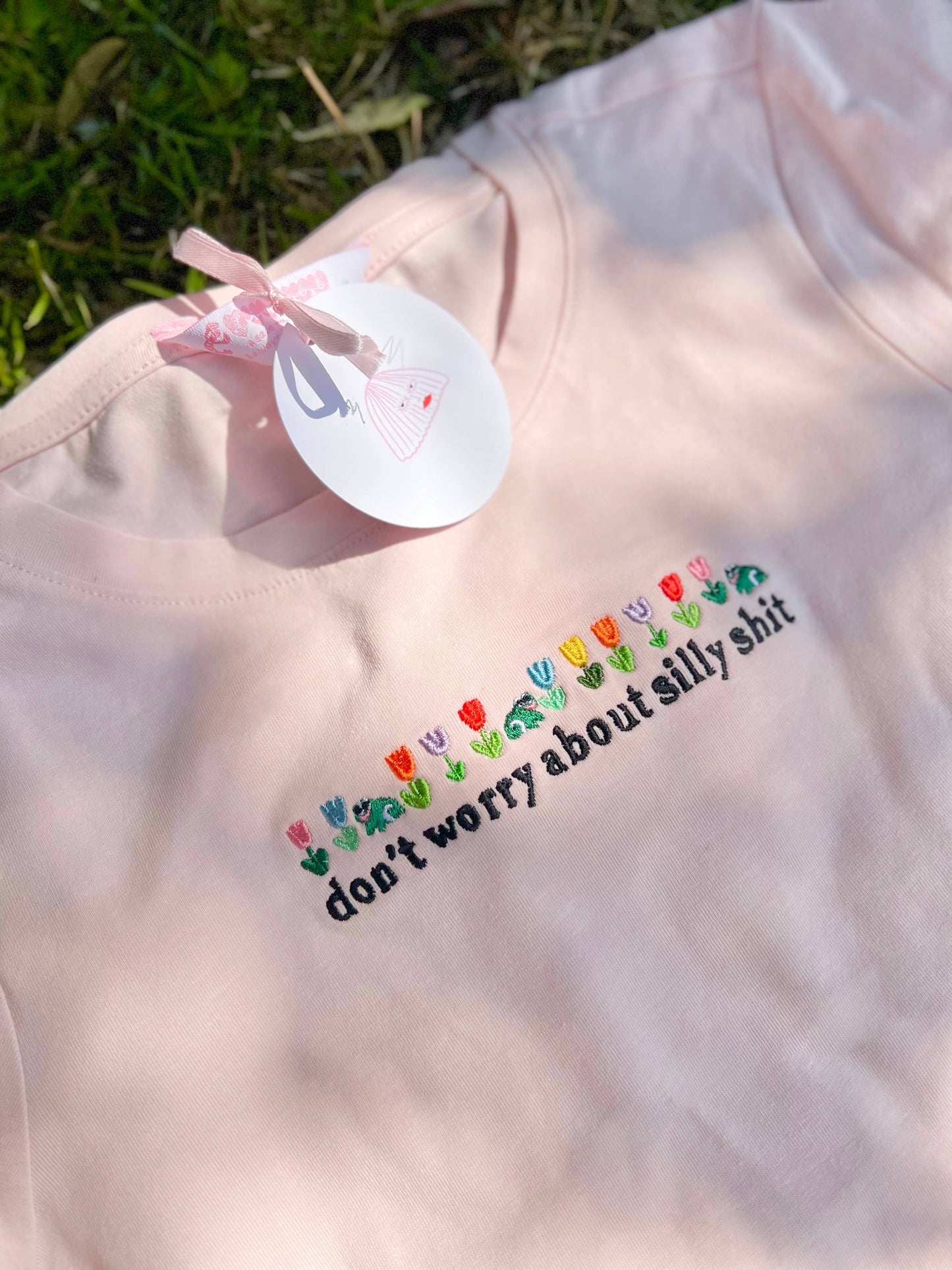 Don't Worry About Silly Shit Embroidered Crop Top: M - L / Marshmallow Pink