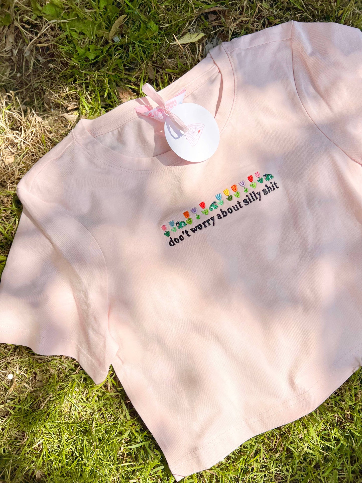 Don't Worry About Silly Shit Embroidered Crop Top: M - L / Marshmallow Pink