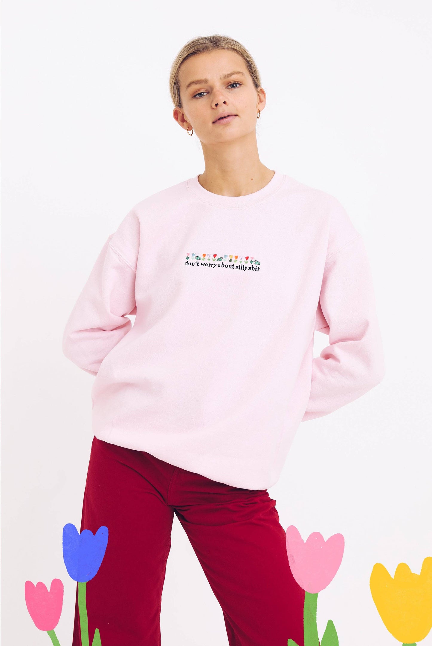 Don't Worry About Silly Shit Embroidered Sweatshirt: S-M / Fluffy Clouds White