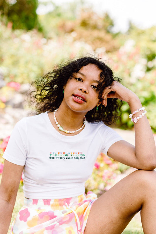 Don't Worry About Silly Shit Embroidered Crop Top: M - L / Fluffy Clouds White