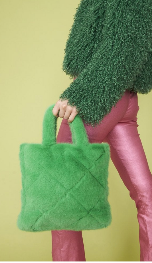 Green Faux Fur Diamond Stitch Tote Bag