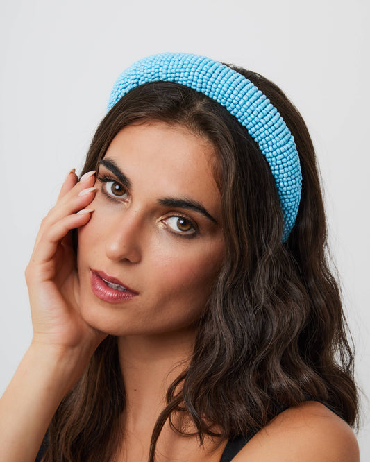 Solid Beaded Headband in Blue: Blue