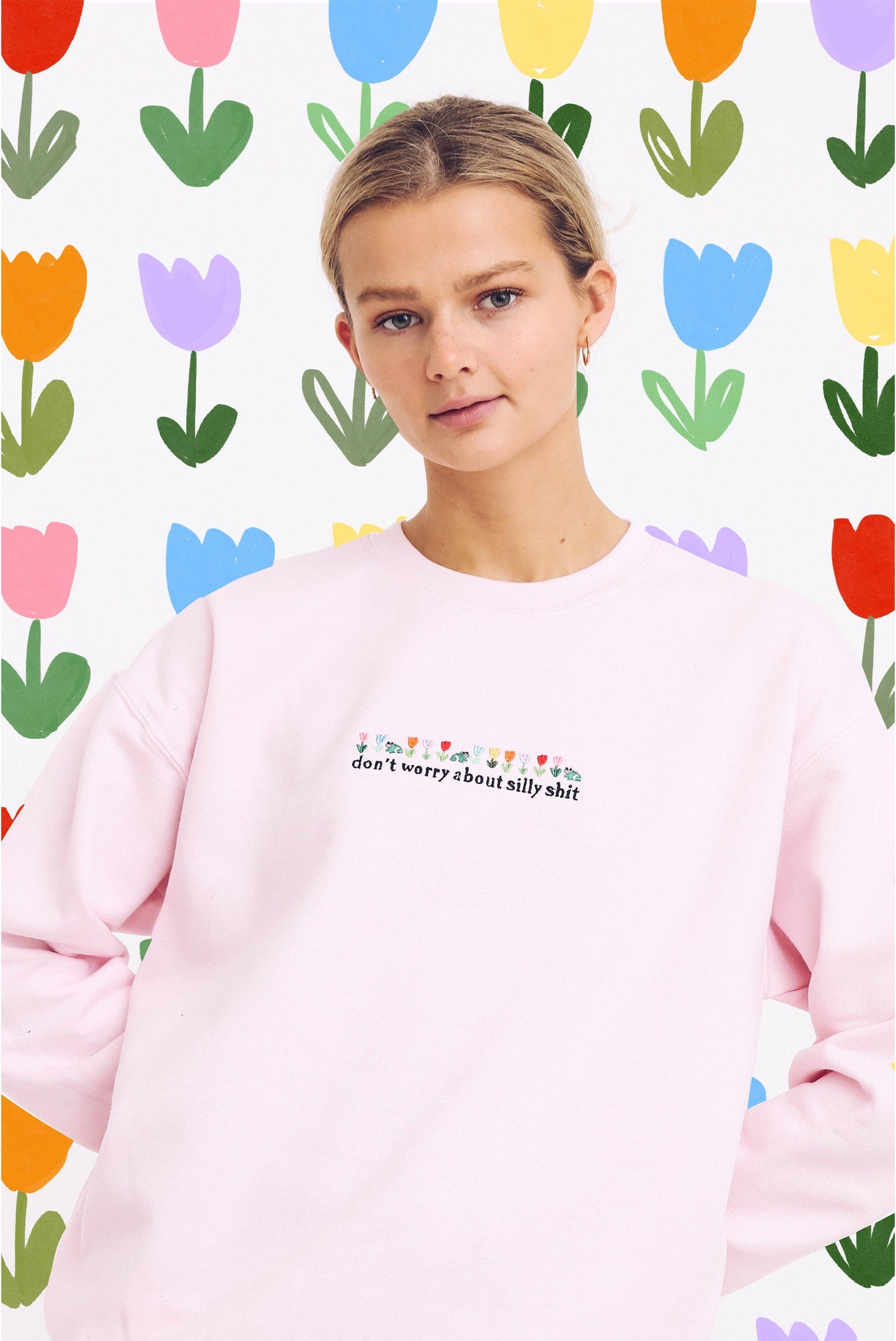 Don't Worry About Silly Shit Embroidered Sweatshirt: S-M / Fluffy Clouds White