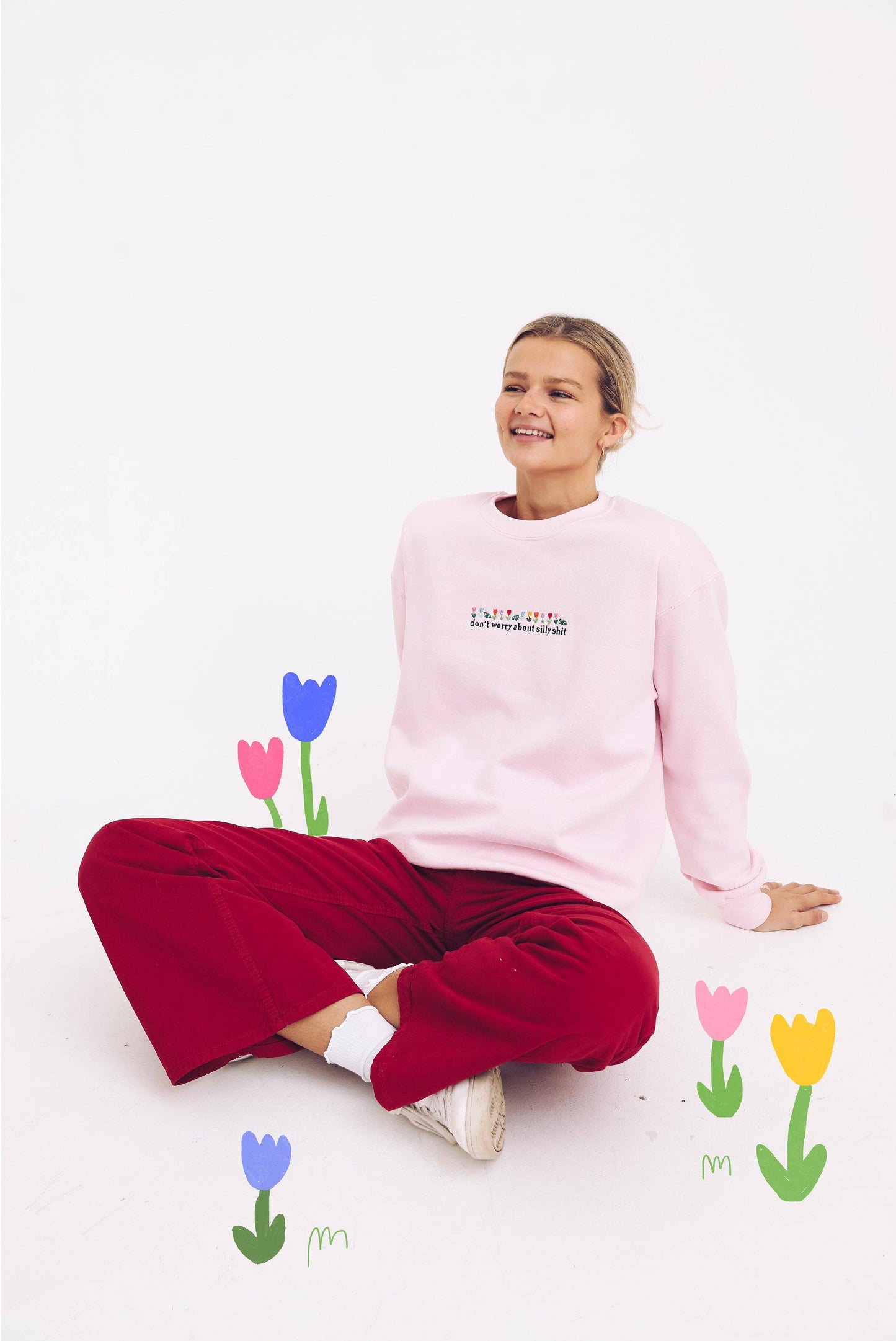 Don't Worry About Silly Shit Embroidered Sweatshirt: S-M / Fluffy Clouds White