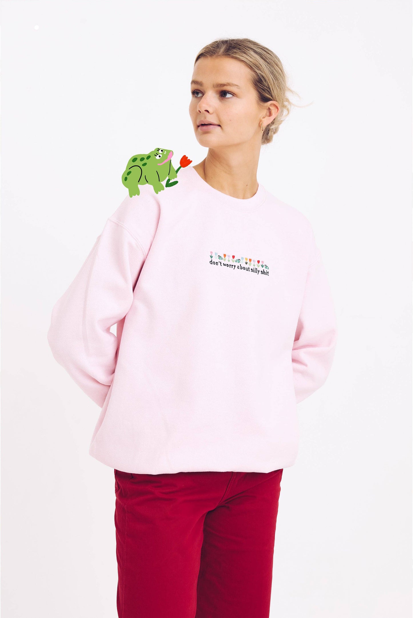 Don't Worry About Silly Shit Embroidered Sweatshirt: S-M / Fluffy Clouds White