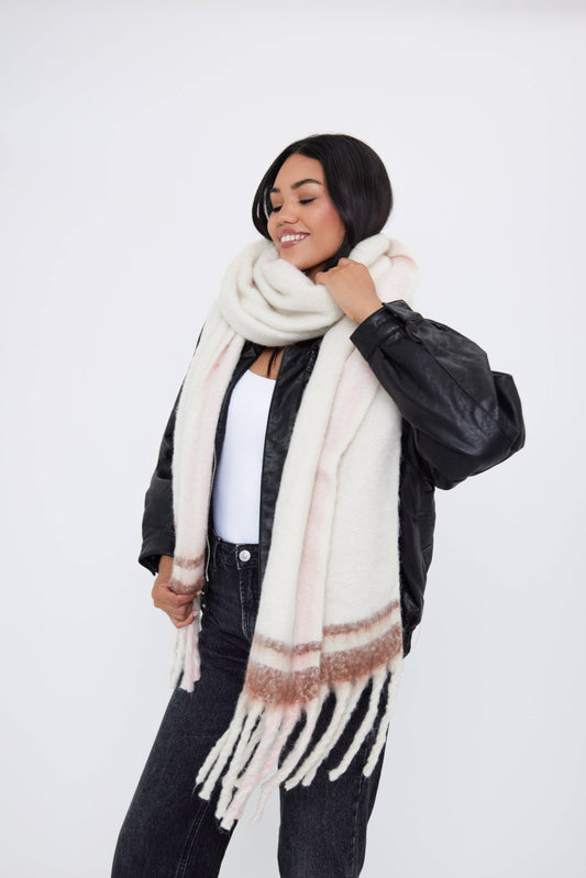 Oversized Super Soft Blanket Scarf with Stripe Detail in Cream, Brown and Pink: Cream